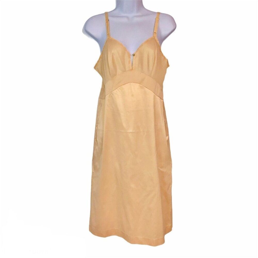 Vintage 50s Womens S Full Slip Beige Sleeveless Lace V Neck Adjustable Strap